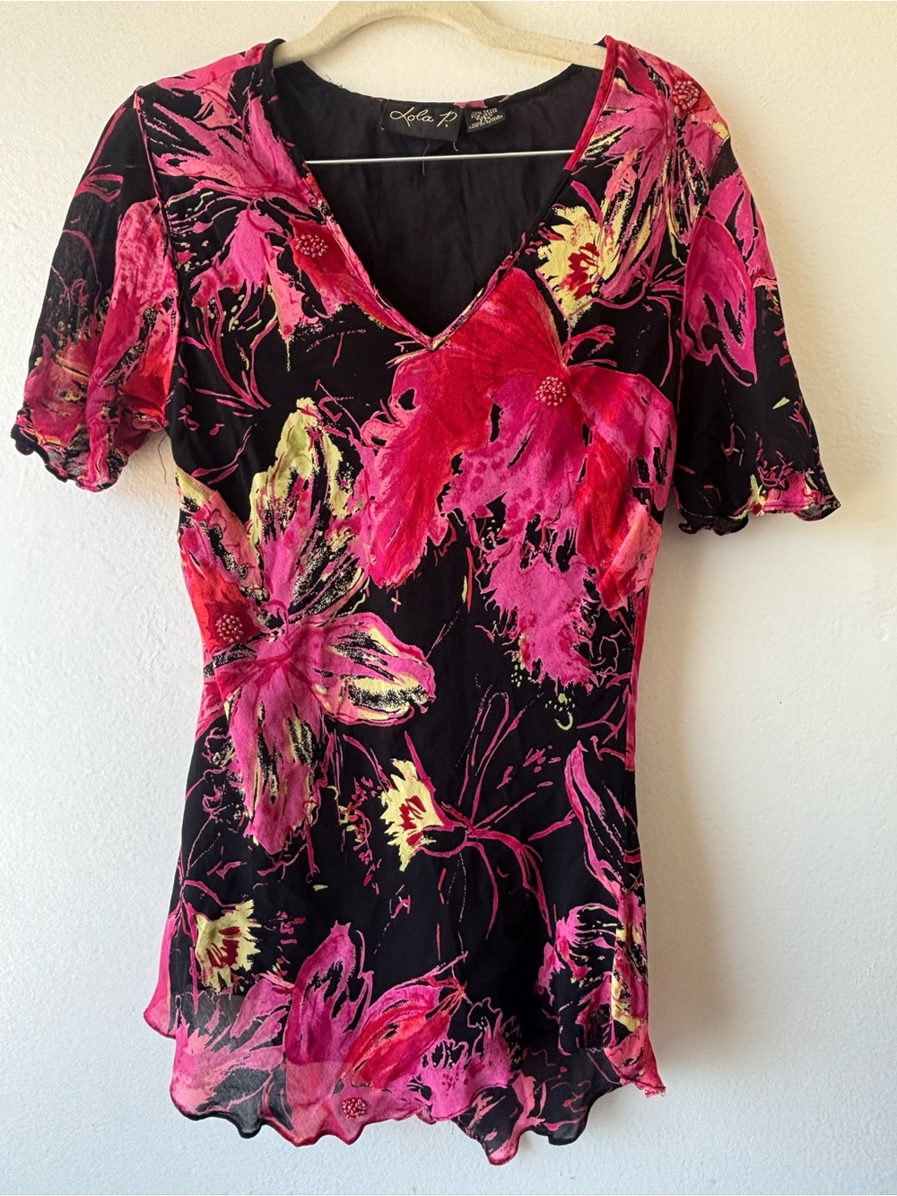 lola Black V-Neck Floral Tunic with Pink & Yellow Bloom